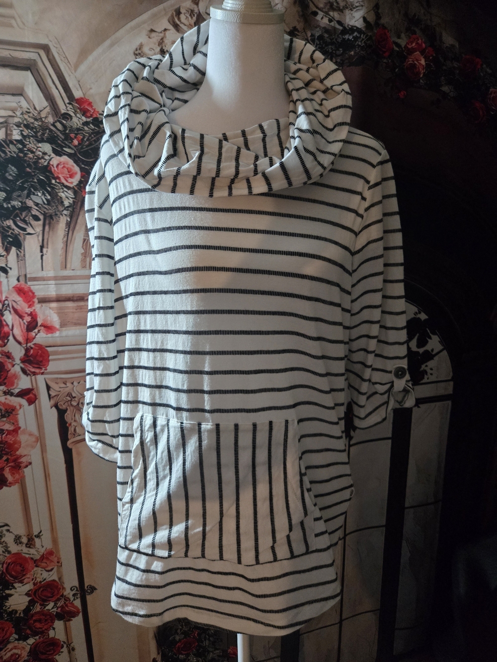 neon buddha Ivory & Black Striped Cowl Neck Sweater